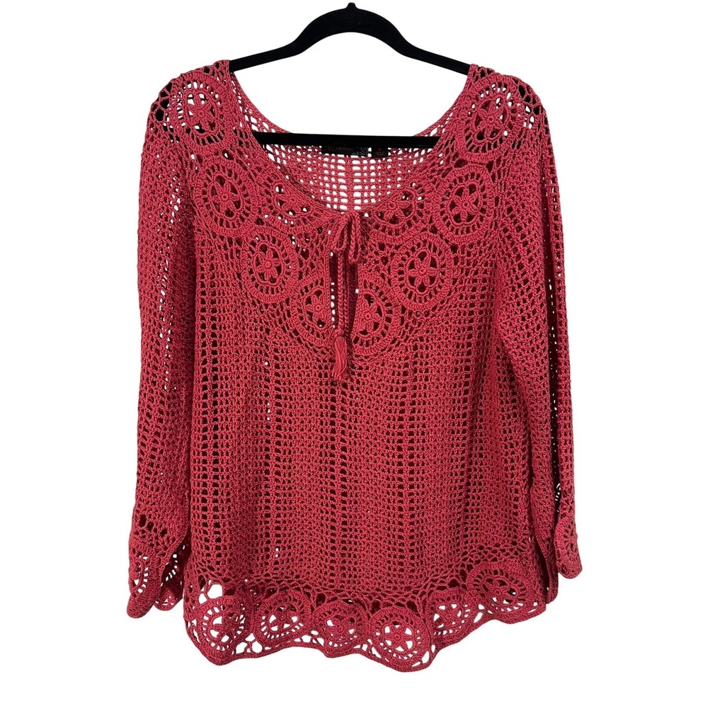 JW Style Crochet Top XL Boho Floral Medallion Pink Red Cotton Tie Front